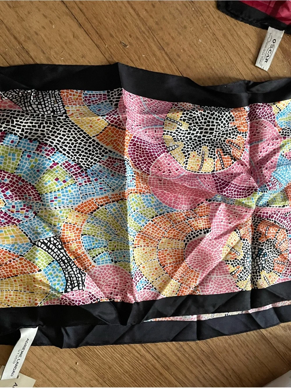 Adrienne Landau Multicolor Mosaic Silk Scarf with Black Border